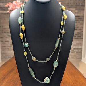Extra Long Green Tones Necklace That Can Be Layered 50" + 2.5" Extender